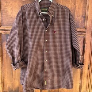 Timberland Men’s Long Sleeve Button Down Shirt | Maroon & Tan Checkered Pattern